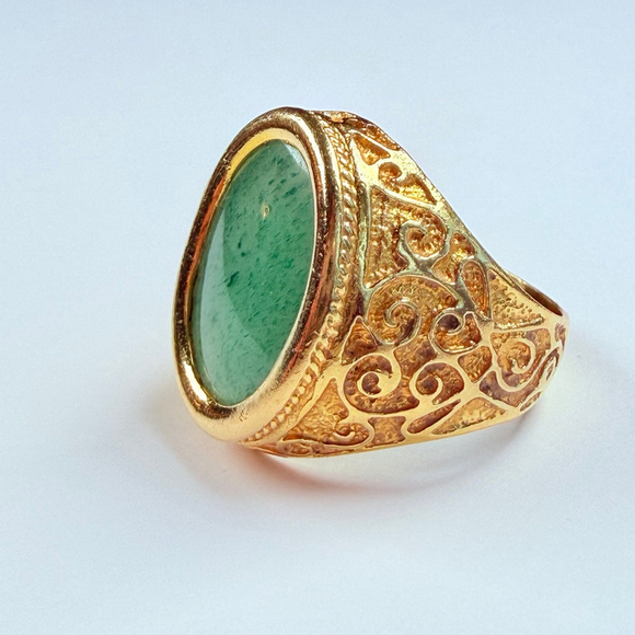 Estate 18K Solid Yellow Gold Mens Natural Jade Signet VTG Antique Scroll Ring - Picture 9 of 12